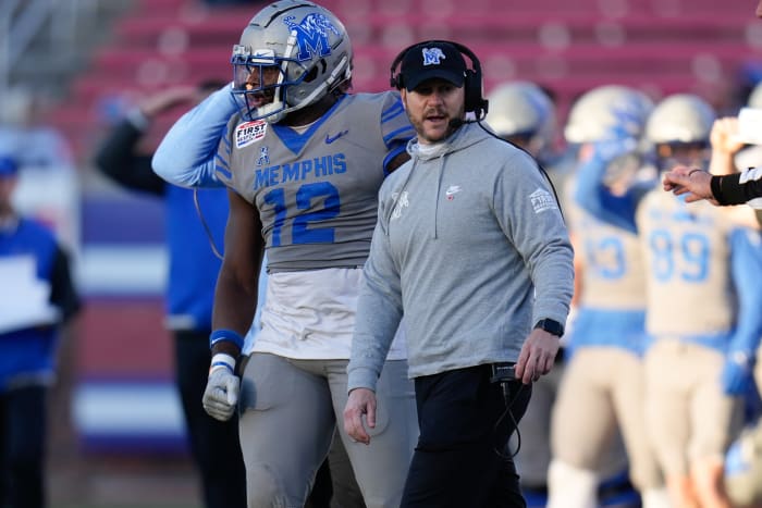 Dec 27, 2022; Dallas, Texas, USA; Memphis Tigers head coach Ryan Silverfield reacts during the second half in the 2022 First Responder Bowl at Gerald J. Ford Stadium. Mandatory Credit: Chris Jones-USA TODAY Sports